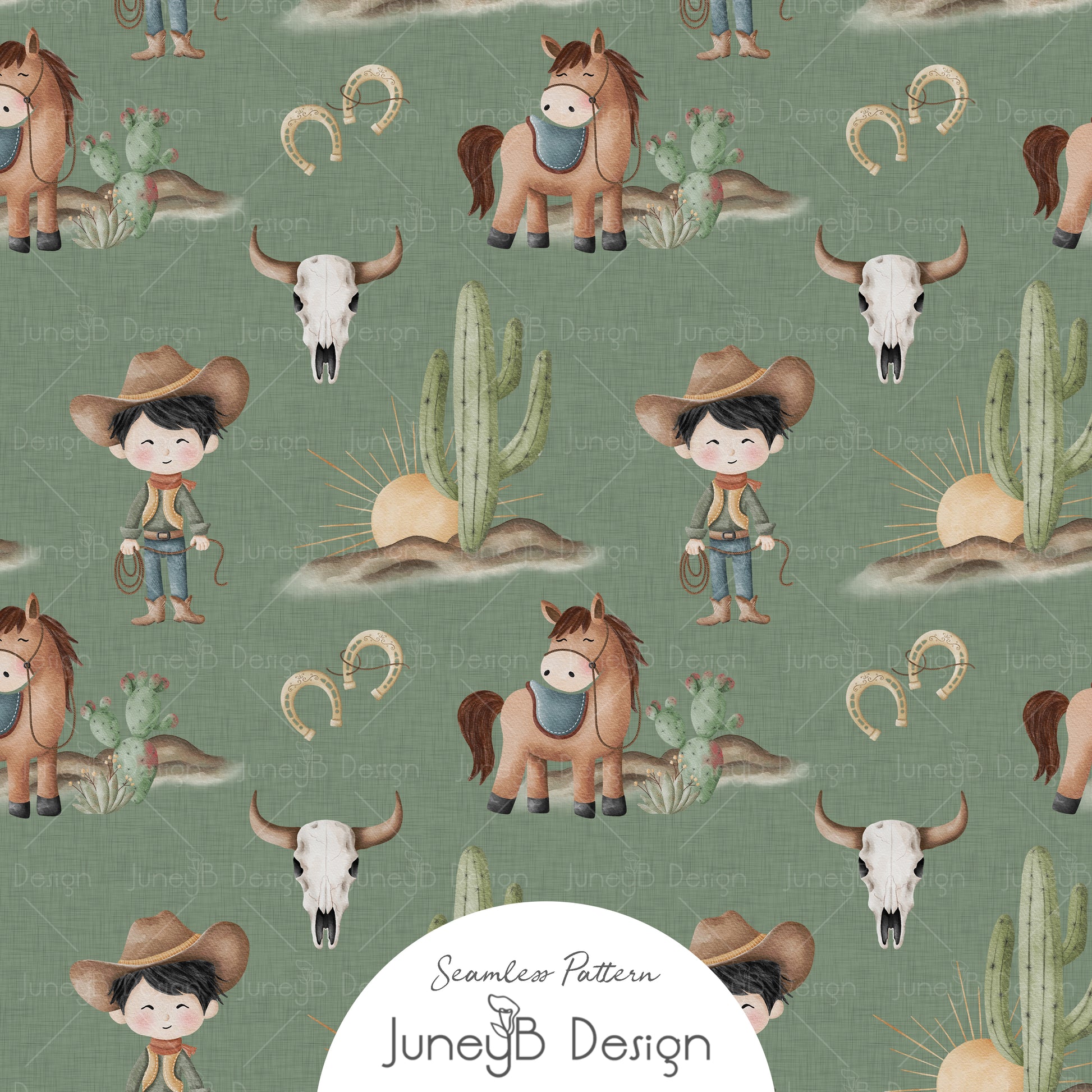 Watercolor cowboy kids seamless pattern with horses, cacti, steer skulls, sunbursts, and horseshoes on an olive green textured background.
