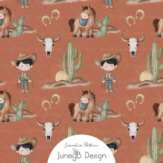 Watercolor cowboy kids seamless pattern with horses, cacti, steer skulls, sunbursts, and horseshoes on a rust orange textured background.