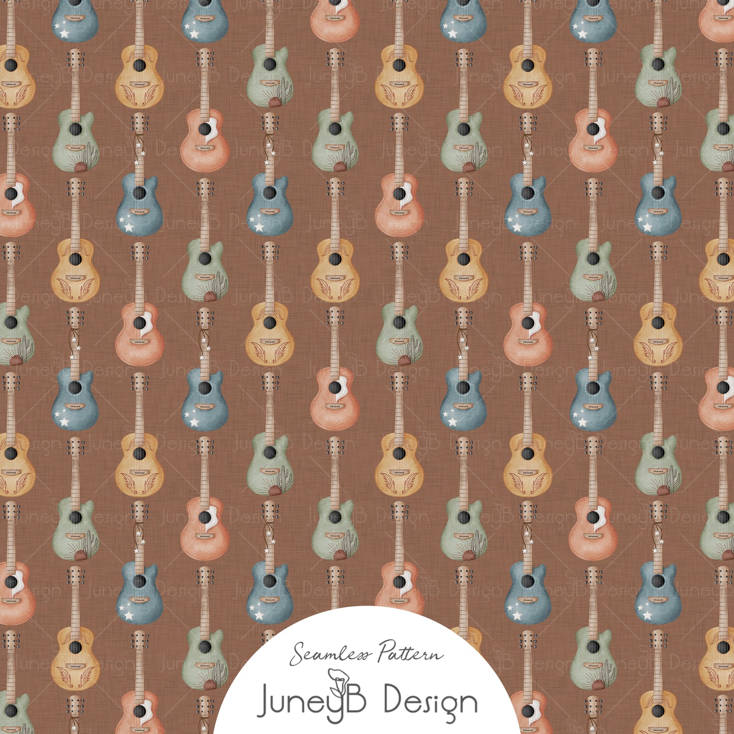 Watercolor acoustic guitars seamless pattern in blue, orange, yellow, and green on a brown textured background.
