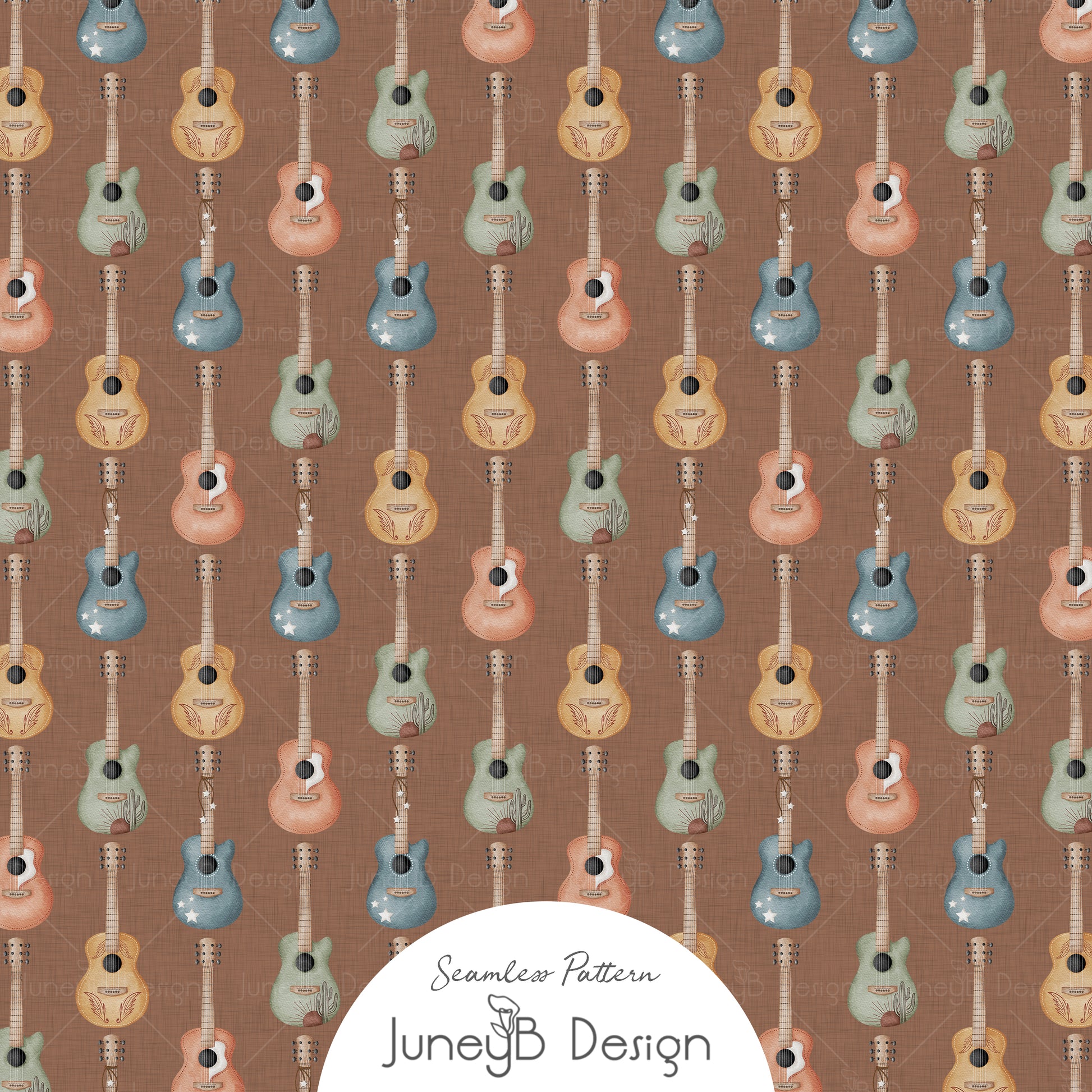 Watercolor acoustic guitars seamless pattern in blue, orange, yellow, and green on a brown textured background.