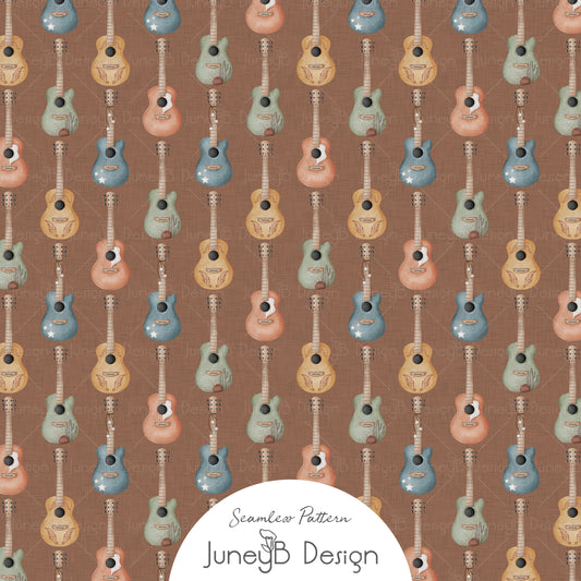 Watercolor acoustic guitars seamless pattern in blue, orange, yellow, and green on a brown textured background.