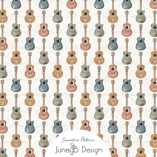 Watercolor acoustic guitars seamless pattern in blue, orange, yellow, and sage on a cream textured background.