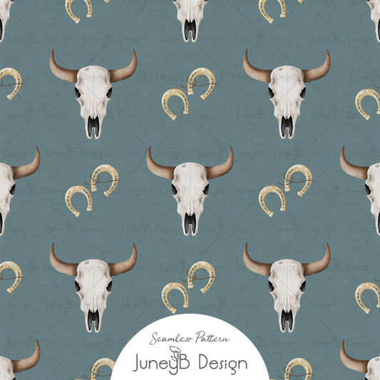 Watercolor longhorn skull and horseshoe seamless pattern on a dusty blue textured background.