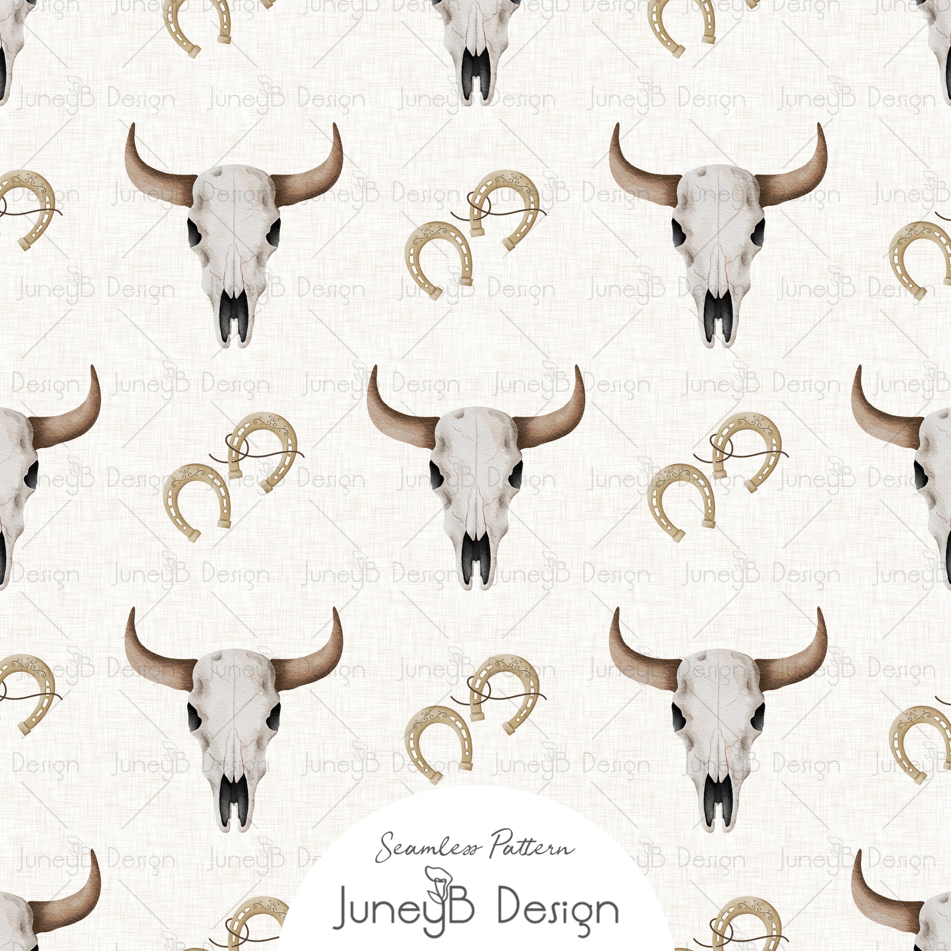 Watercolor longhorn skull and horseshoe seamless pattern on a cream textured background.
