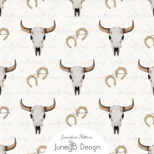 Watercolor longhorn skull and horseshoe seamless pattern on a cream textured background.
