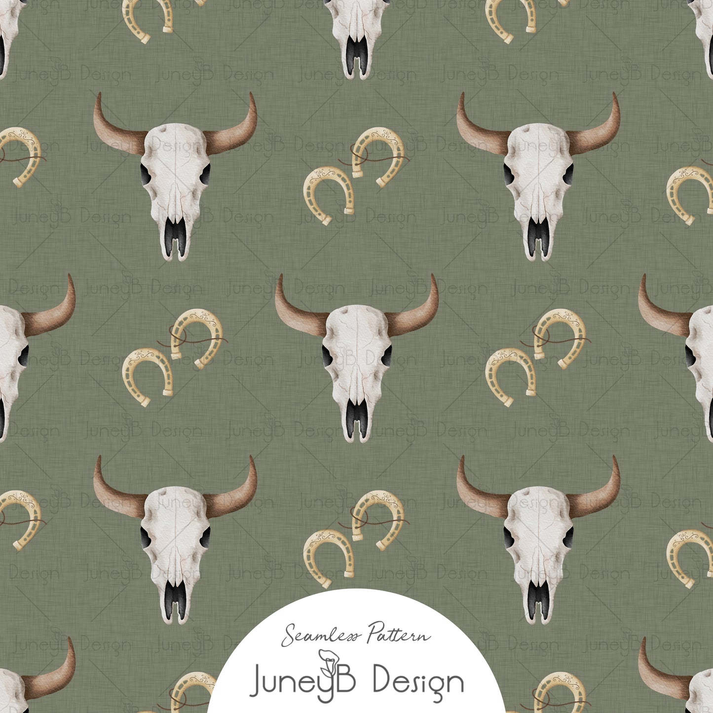 Watercolor longhorn skull and horseshoe seamless pattern on an olive green textured background.