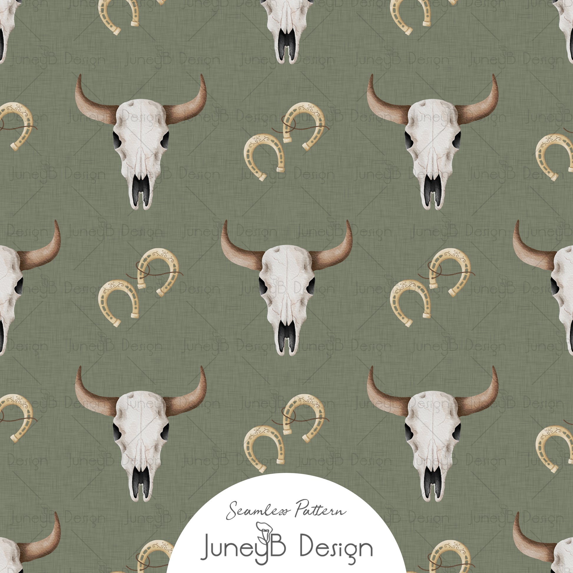 Watercolor longhorn skull and horseshoe seamless pattern on an olive green textured background.