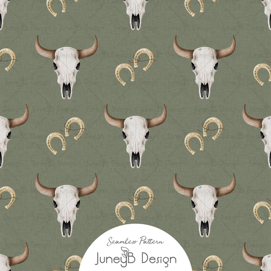 Watercolor longhorn skull and horseshoe seamless pattern on an olive green textured background.