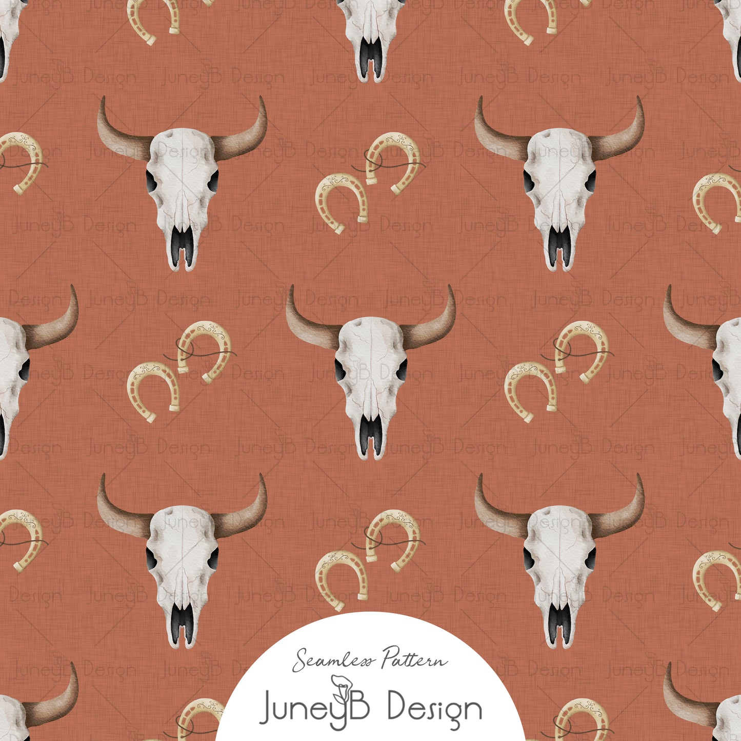 Watercolor longhorn skull and horseshoe seamless pattern on a rust orange textured background.