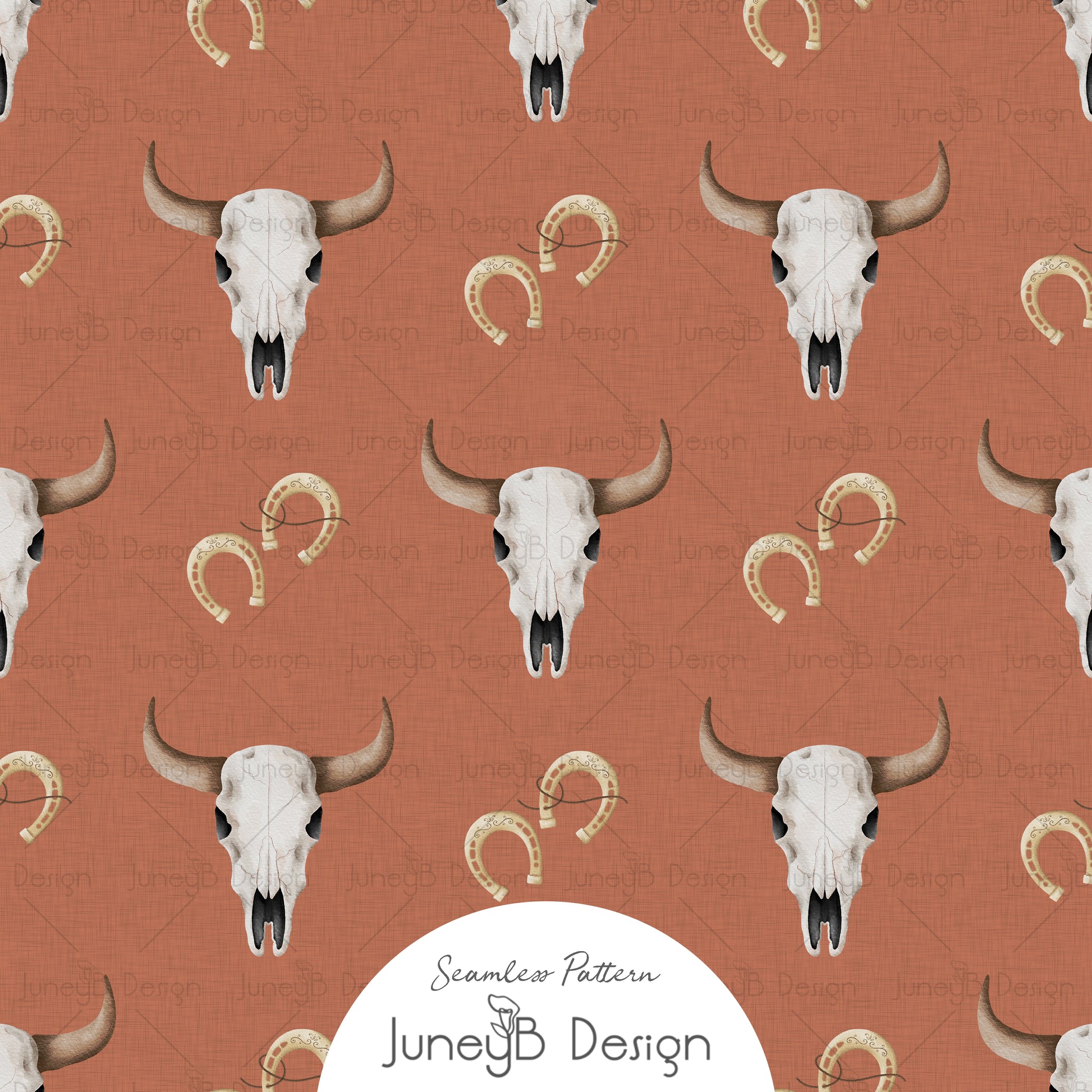 Watercolor longhorn skull and horseshoe seamless pattern on a rust orange textured background.