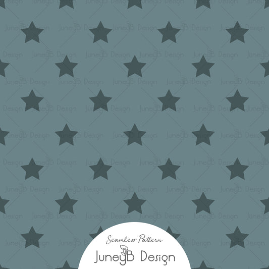Dusty blue seamless pattern with dark blue five point Western stars.