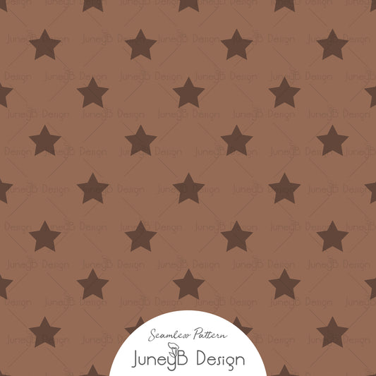 Western star seamless pattern with dark stars on warm brown background cowgirl fabric design.