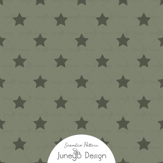 Olive green seamless pattern with deep green five point Western stars.