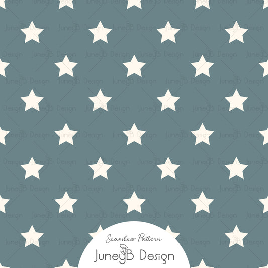 Dusty blue seamless pattern with cream five point Western stars.