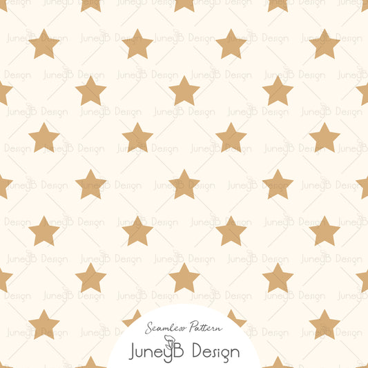 Western star seamless pattern with golden yellow stars on cream background digital fabric design.