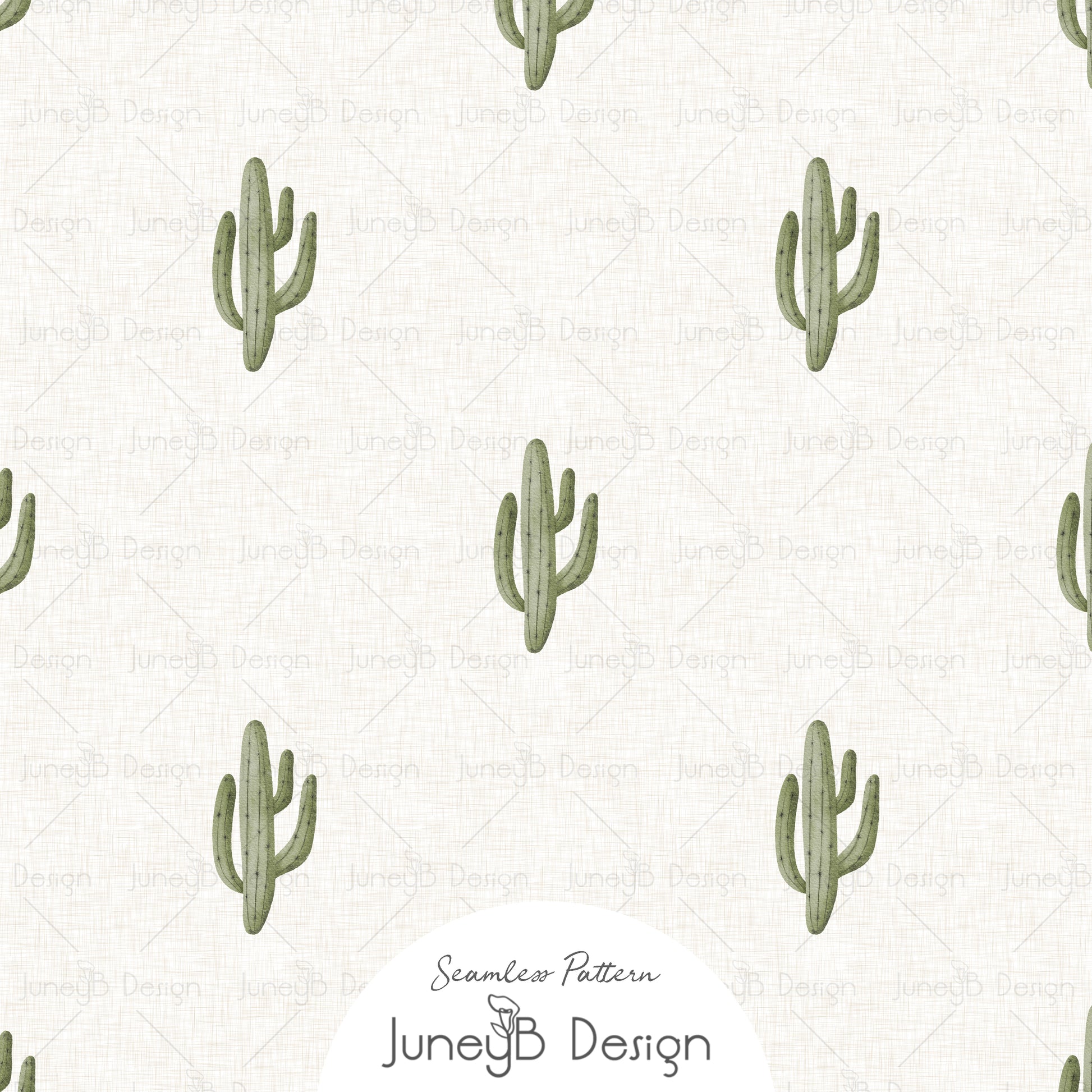 Cream cowgirl seamless pattern with hand drawn sage green saguaro cacti.