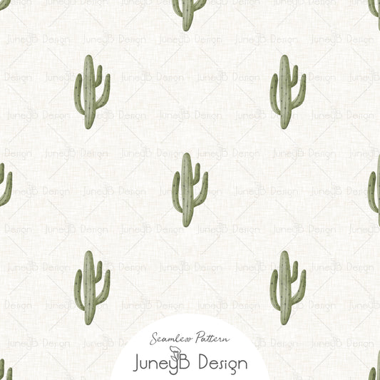 Cream cowgirl seamless pattern with hand drawn sage green saguaro cacti.