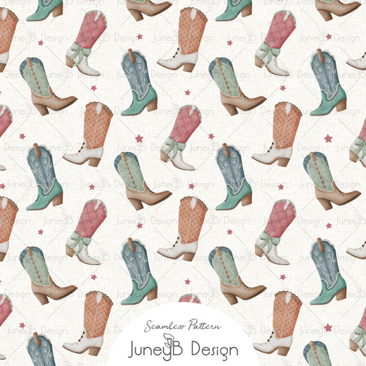 Cream cowgirl seamless pattern with pink mint and blue watercolor cowboy boots and scattered stars.