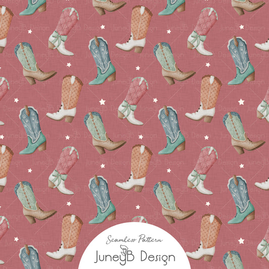Dusty pink cowgirl seamless pattern with watercolor cowboy boots and white stars.