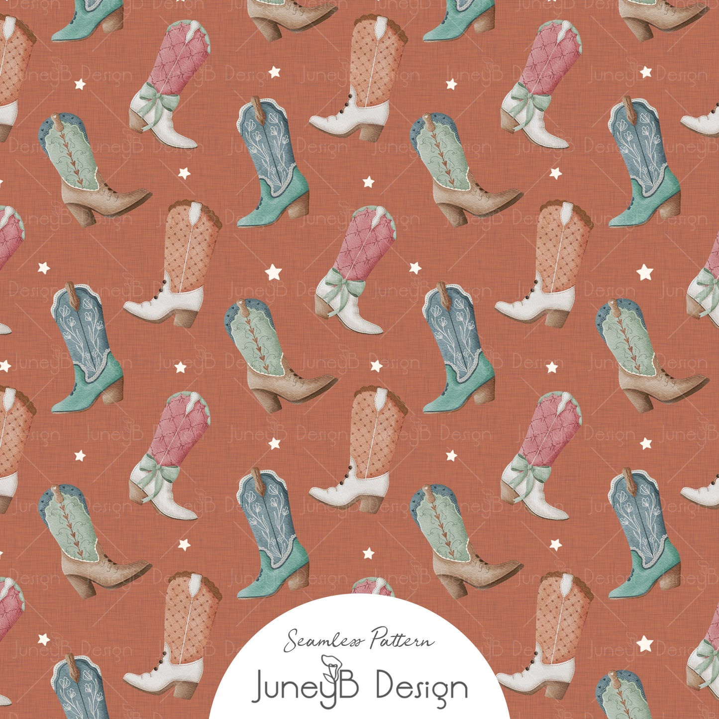 Rust cowgirl seamless pattern with pink mint blue and tan watercolor cowgirl boots and white stars.