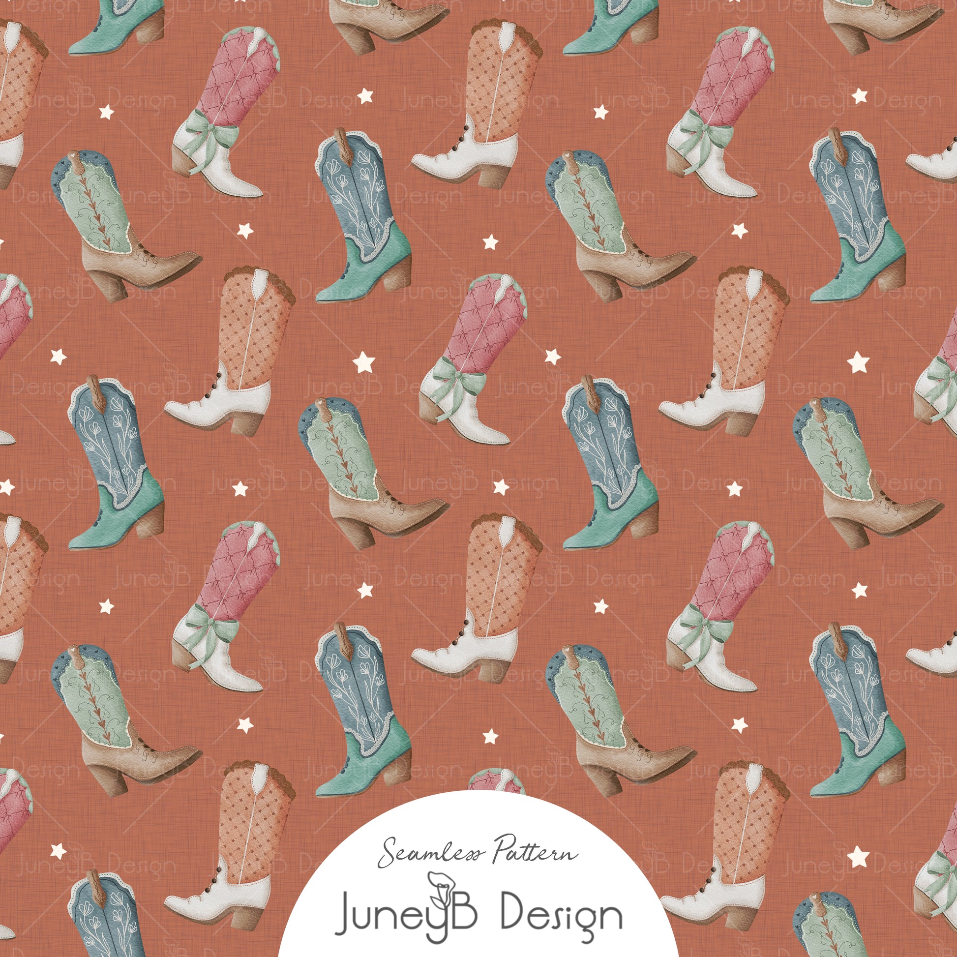 Rust cowgirl seamless pattern with pink mint blue and tan watercolor cowgirl boots and white stars.