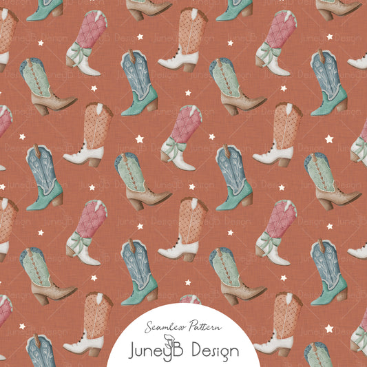 Rust cowgirl seamless pattern with pink mint blue and tan watercolor cowgirl boots and white stars.