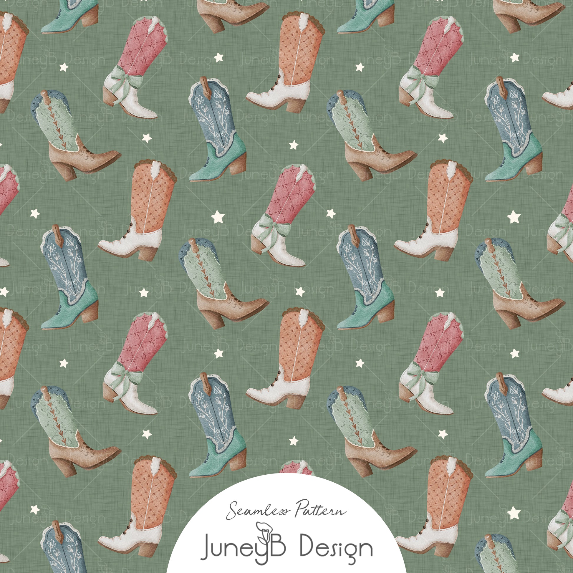 Sage green cowgirl seamless pattern with watercolor cowboy boots in pink mint cream and blue.