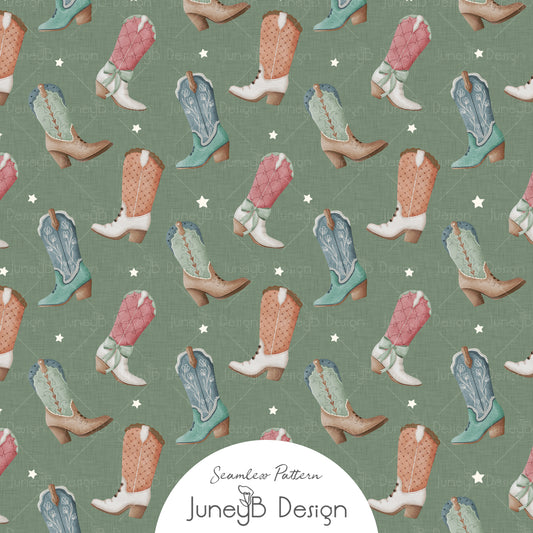 Sage green cowgirl seamless pattern with watercolor cowboy boots in pink mint cream and blue.