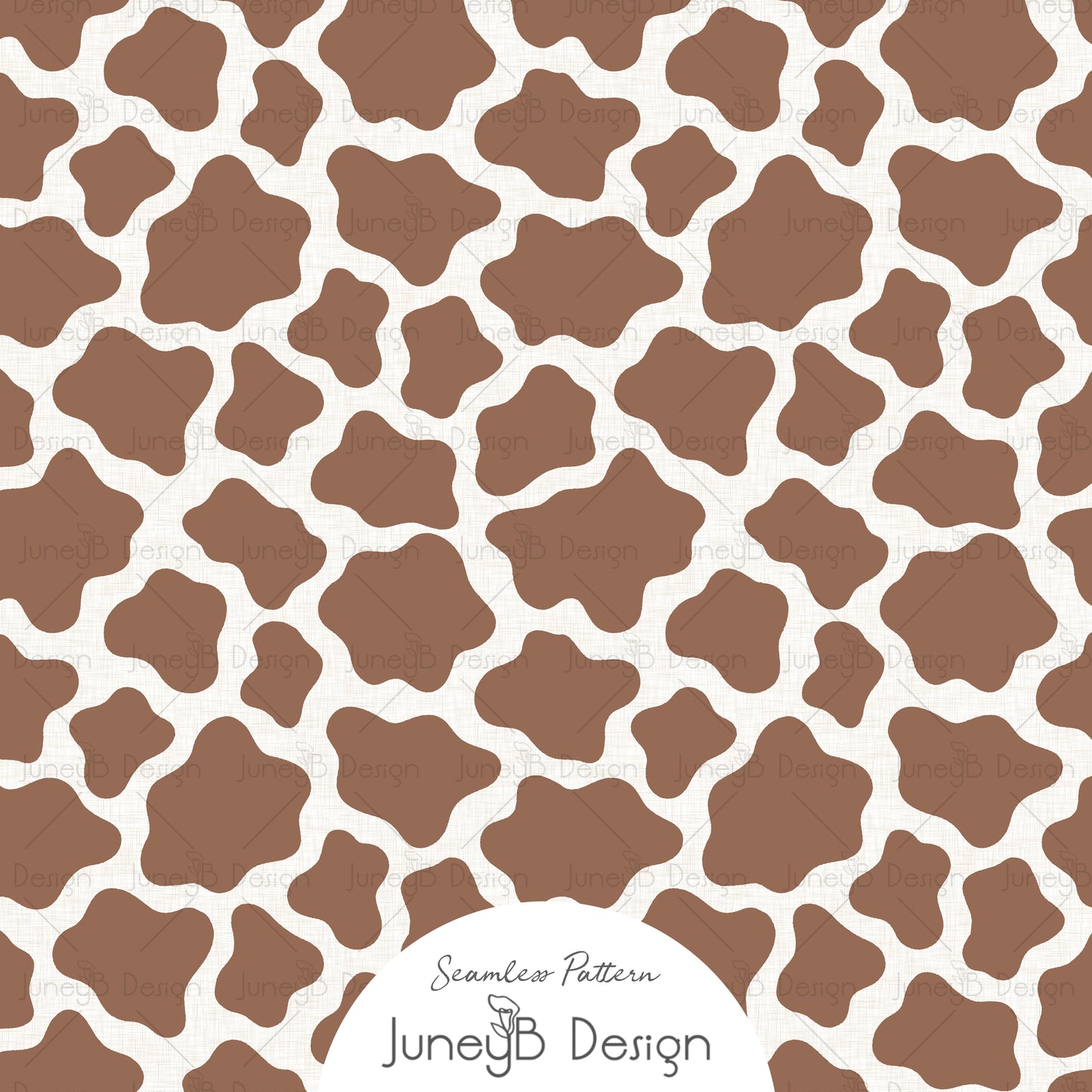 Brown cow print seamless pattern with organic blotches on a cream textured background.