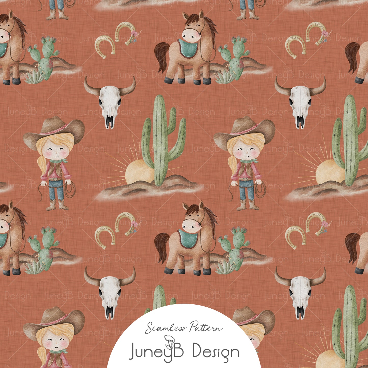 watercolor cowgirl character seamless Pattern with horse cactus sunbursts and steer skulls on a rust textured background.