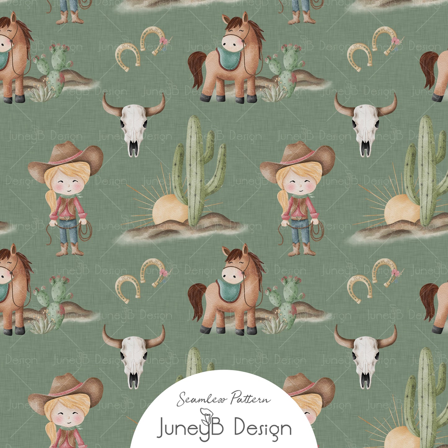 Watercolor cowgirl character seamless pattern with horse cactus sunbursts and steer skulls on a sage green textured background.