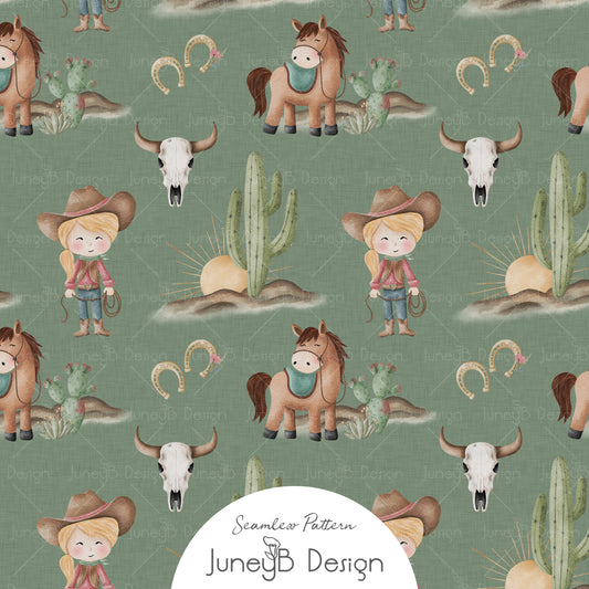 Watercolor cowgirl character seamless pattern with horse cactus sunbursts and steer skulls on a sage green textured background.