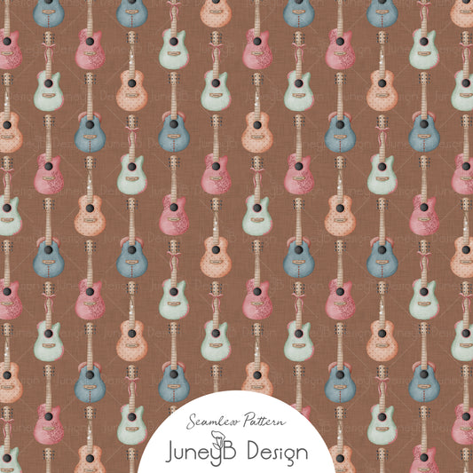 Watercolor cowgirl guitars seamless pattern with pink teal sage and peach guitars on a brown textured background.
