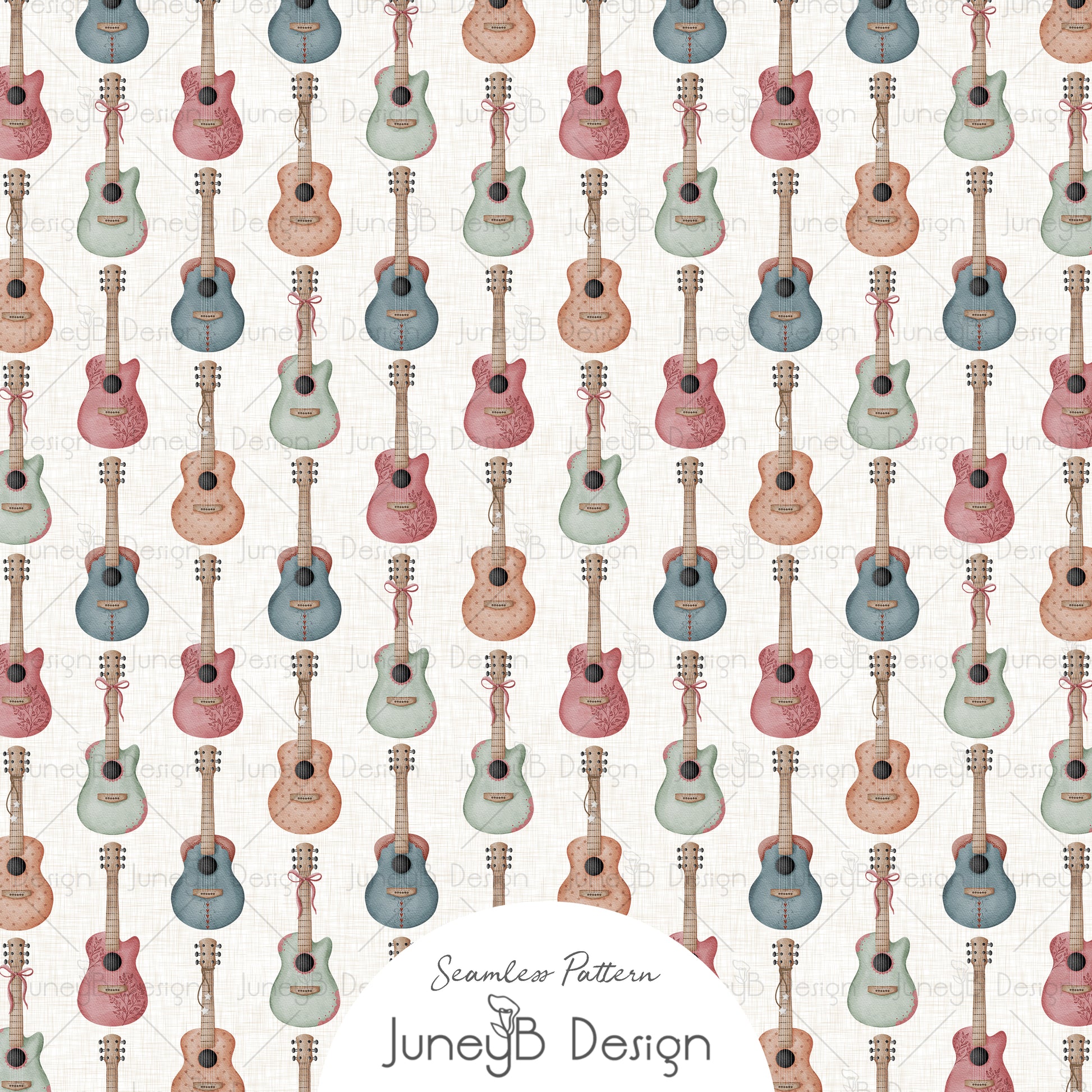 Watercolor cowgirl guitars seamless pattern with pink teal sage and peach guitars on a cream textured background.