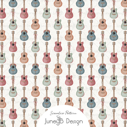 Watercolor cowgirl guitars seamless pattern with pink teal sage and peach guitars on a cream textured background.