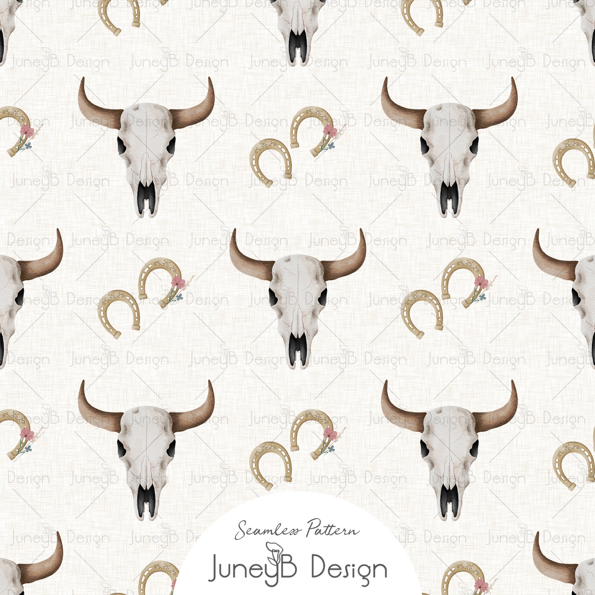 Western longhorn skull and horseshoe seamless pattern with blush florals on cream background digital fabric design.