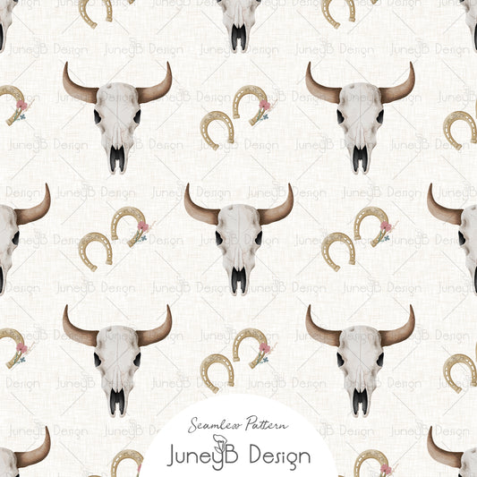 Western longhorn skull and horseshoe seamless pattern with blush florals on cream background digital fabric design.
