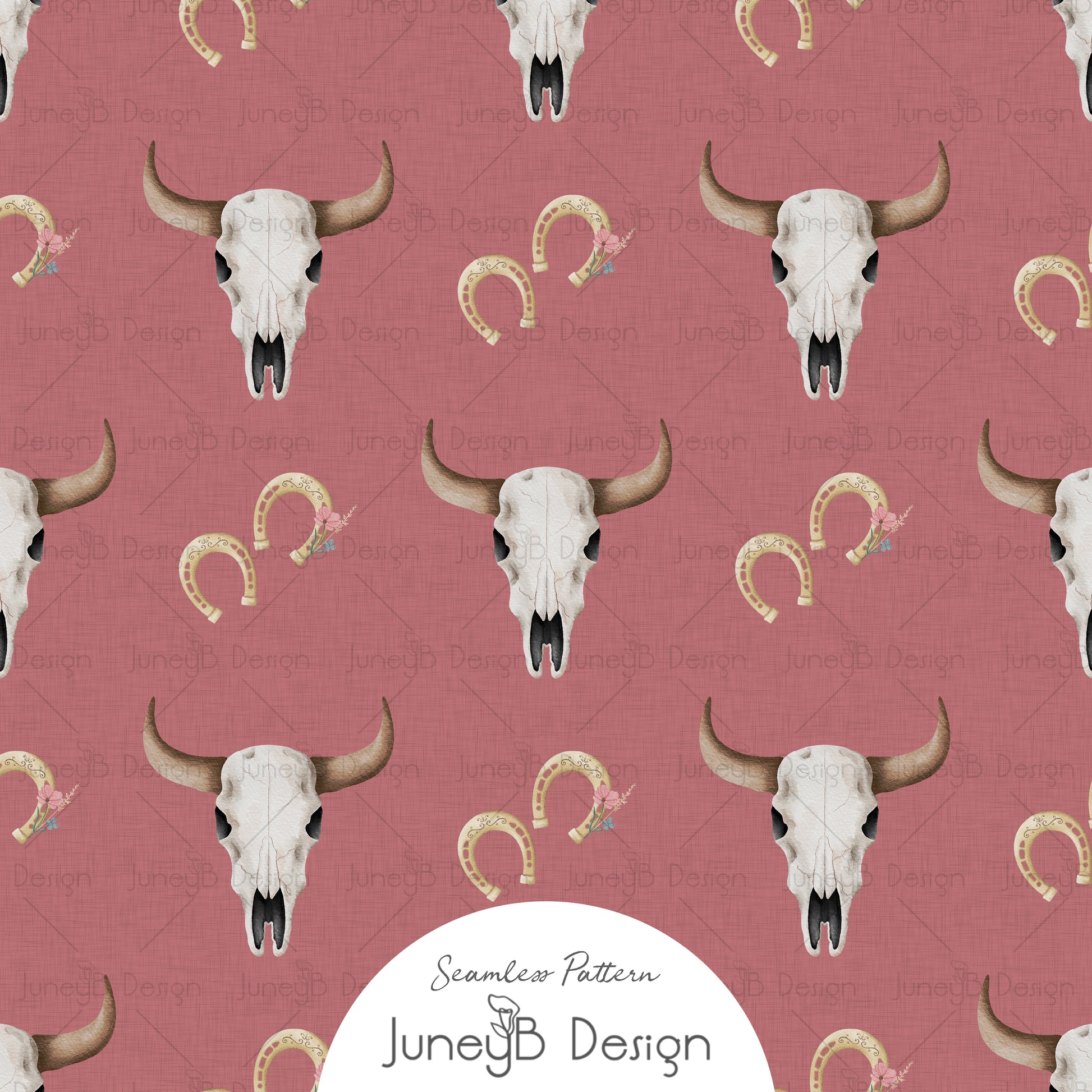 Western longhorn skull and horseshoe seamless pattern with blush florals on dusty pink background digital fabric design.