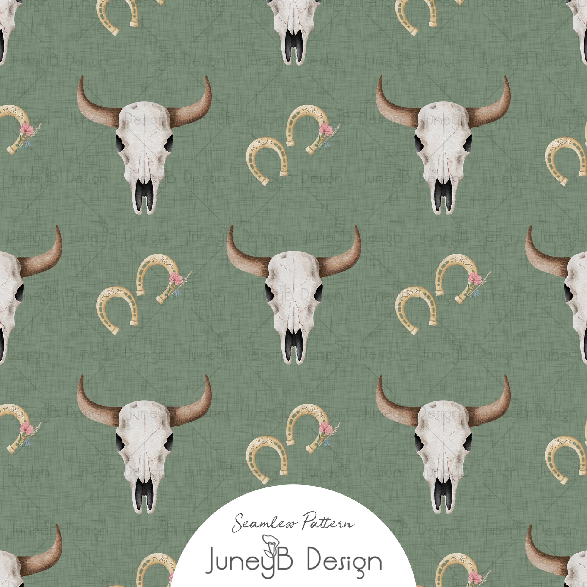 Western longhorn skull and horseshoe seamless pattern with blush florals on sage green background digital fabric design.