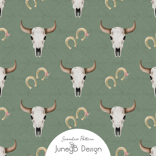 Western longhorn skull and horseshoe seamless pattern with blush florals on sage green background digital fabric design.