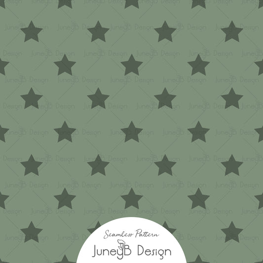 Western star seamless pattern in dark sage green digital fabric design.