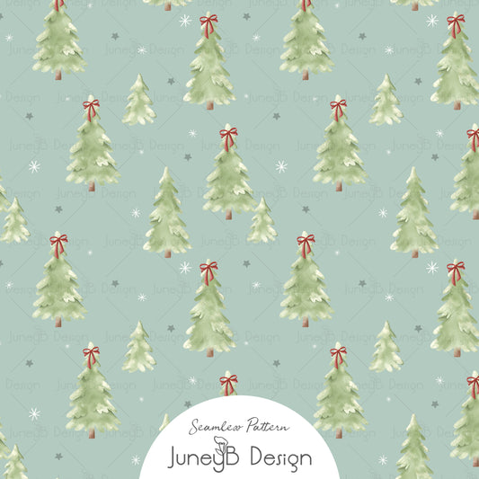 Watercolor Christmas tree seamless pattern with red bows on mint green background