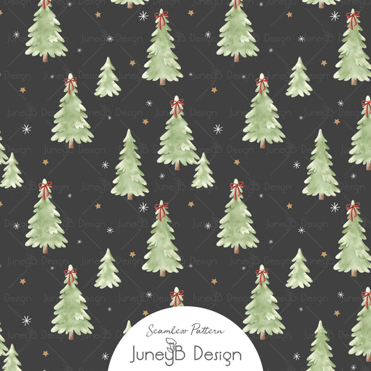 Watercolor Christmas tree seamless pattern with red bows on black background