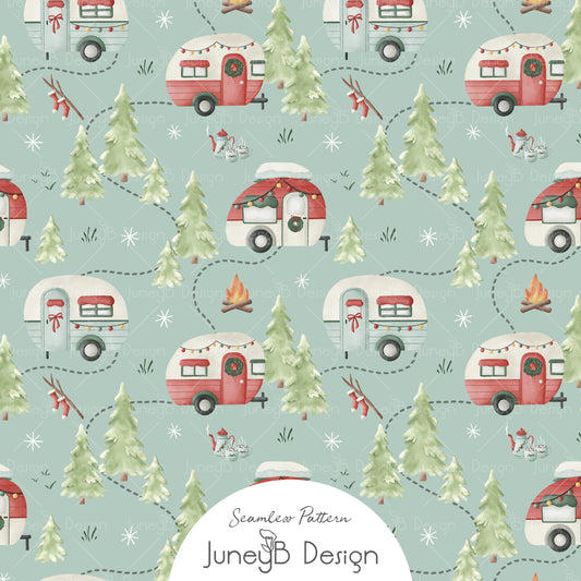 Christmas camper seamless pattern with retro RVs, pine trees, and campfires on a blue background