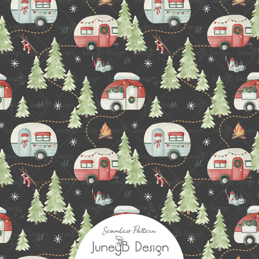 Christmas camper seamless pattern with retro RVs, pine trees, and campfires on black background