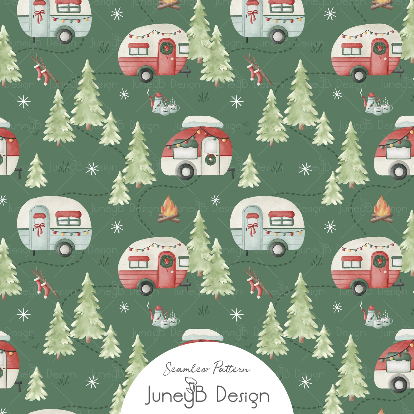 Christmas camper seamless pattern with retro RVs, campfires, and pine trees on blue background