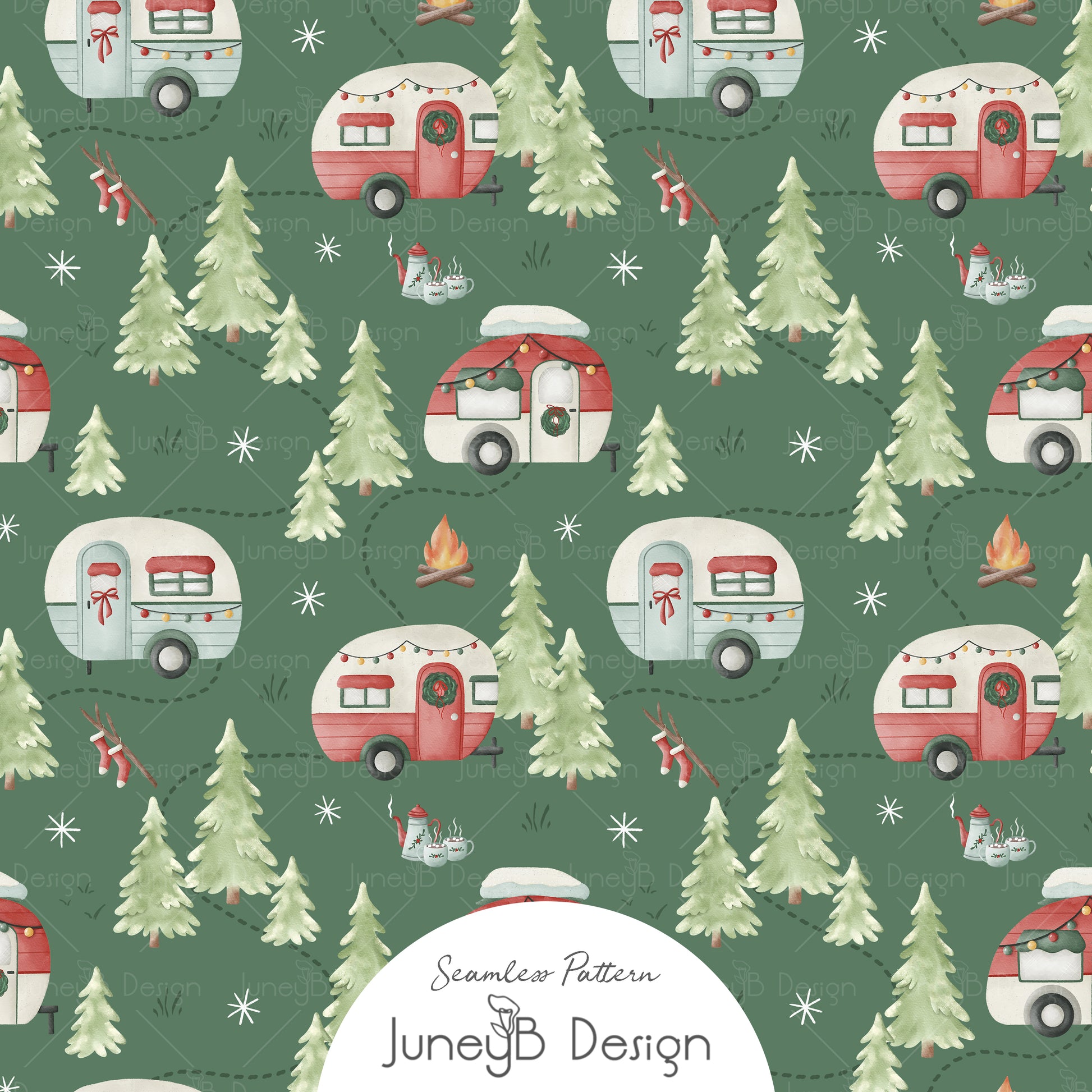 Christmas camper seamless pattern with retro RVs, campfires, and pine trees on blue background