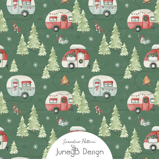 Christmas camper seamless pattern with retro RVs, campfires, and pine trees on blue background