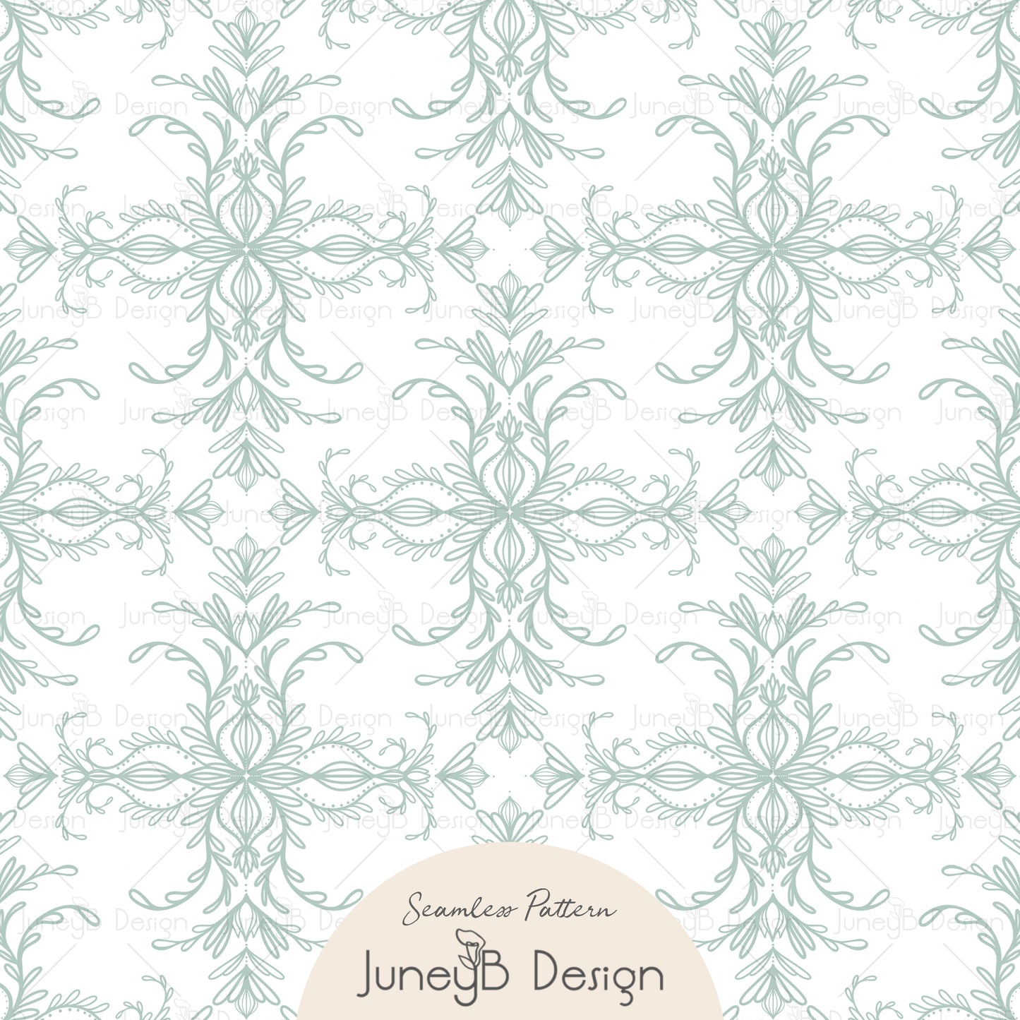 Pastel Florals - Damask - White & Seaglass
