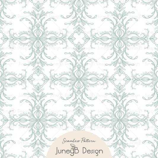 Pastel Florals - Damask - White & Seaglass